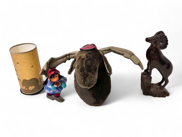 Woodland Lamp, Doll, Plush Moose & Carved Ram