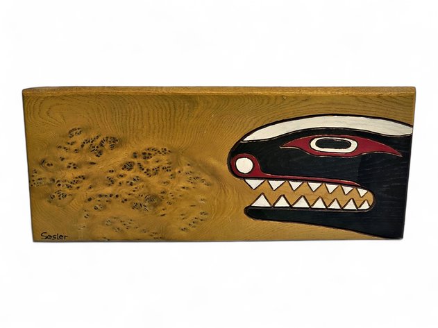D.J. Sesler Formline Orca Head on Burl Wood
