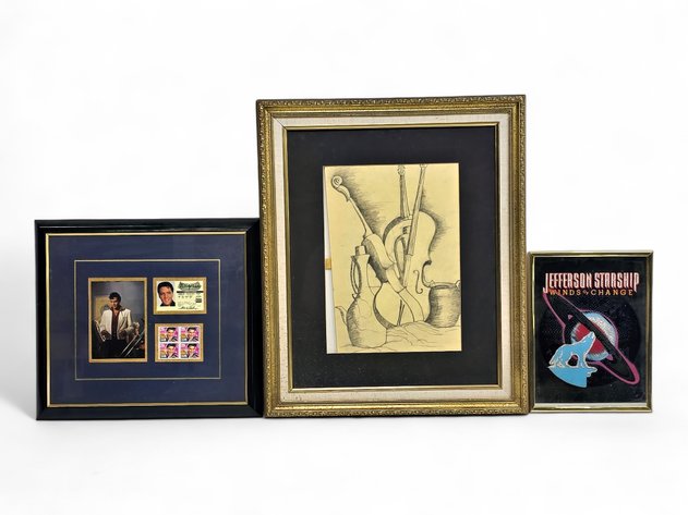 Elvis Presley Memorabilia Display, Jefferson Starship Mirror & Violin Drawing