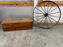 Wooden Chest And Metal Spoked Wheel