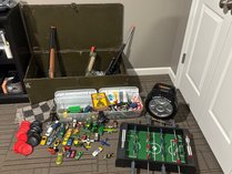 Assorted Toys And Wooden Storage Trunk