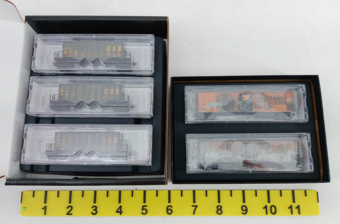 5 MICRO-TRAINS LINE N SCALE WEATHERED BNSF BUFFER CARS & CSX HOPPERS, 2 OBS  INV 263331591