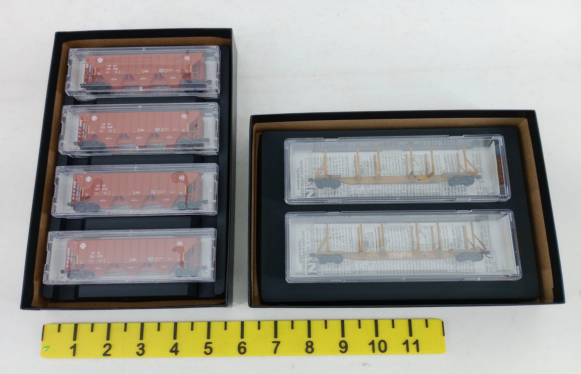MICRO-TRAINS N SCALE 4 SANTA FE HOPPERS & 2 JTLX FLATCARS, 2 OBS  INV 263331592