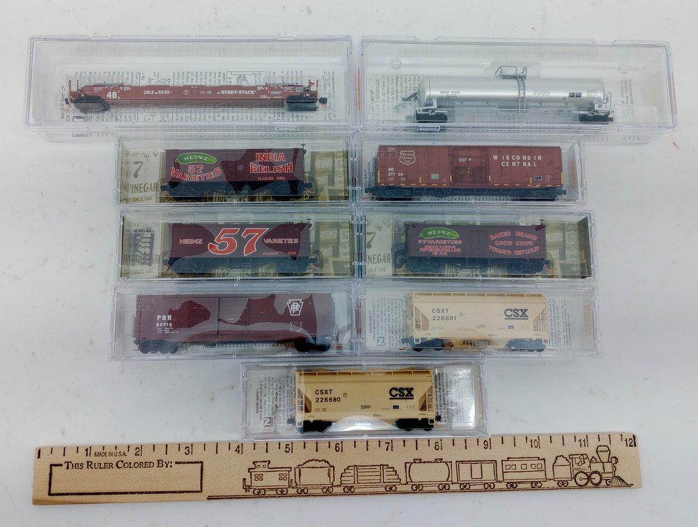 ASSORTED MICRO-TRAINS N SCALE HEINZ, CSX, PRR & WISCONSIN CENTRAL CARS, 9 OBS  INV 263331579