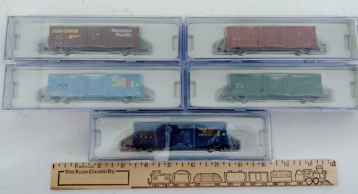 5 RAPIDO N SCALE B-100-40 BOXCARS SP, GOLDEN WEST & AMTRAK, 5 OBS  INV 263331585