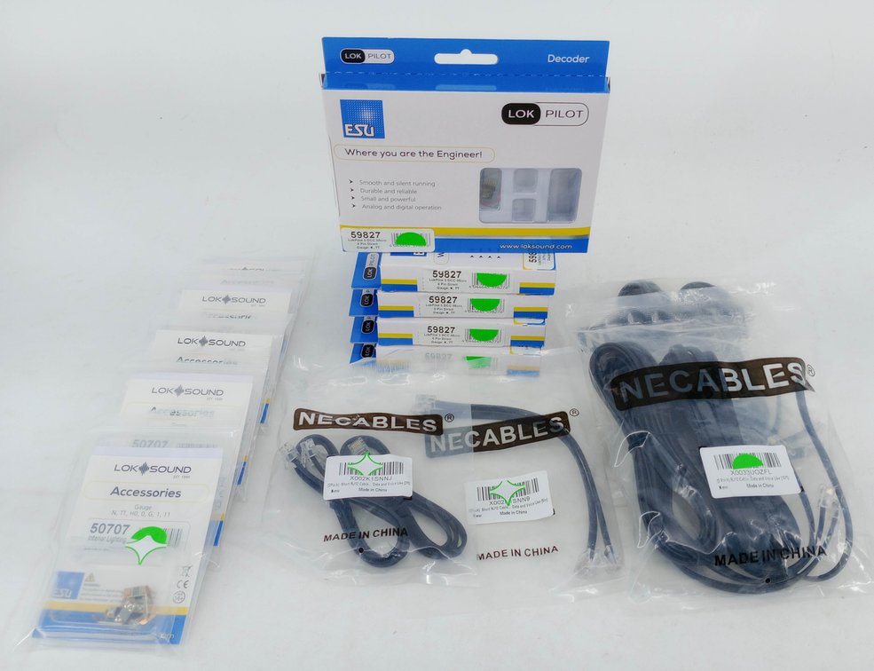 ASSORTED ESU LOKPILOT 59827 DCC DECODERS, LOKSOUND 50707 LIGHTING & NECABLES RJ12 CABLES, SOME OBS  INV 263331757