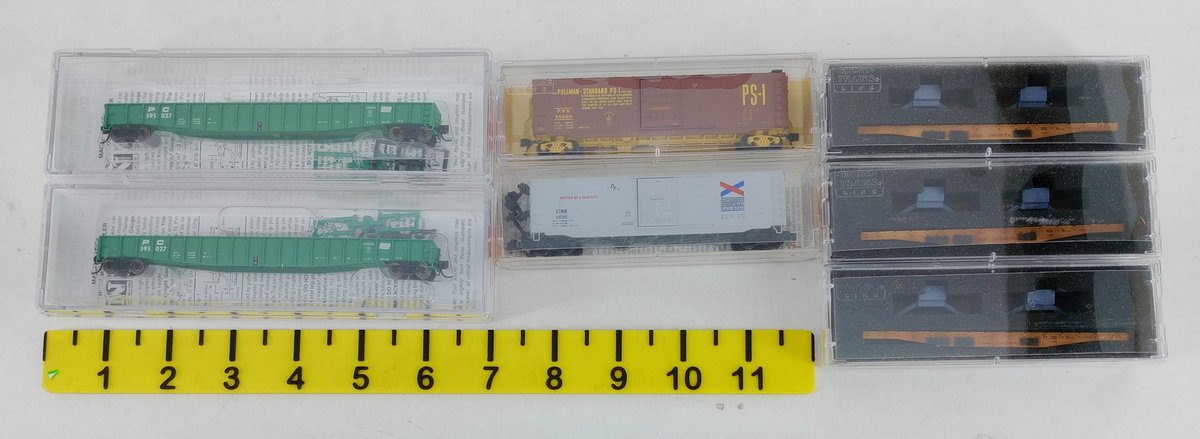 7 MICRO-TRAINS N SCALE GONDOLAS, BOXCARS & FLAT CAR BRIDGES, 7 OBS  INV 263331763