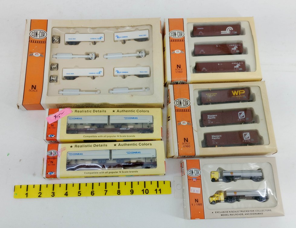 6 CON-COR N SCALE CONRAIL & WP BOXCARS, FLATCARS & SHELL TANKER TRUCKS, 6 OBS  INV 263331766