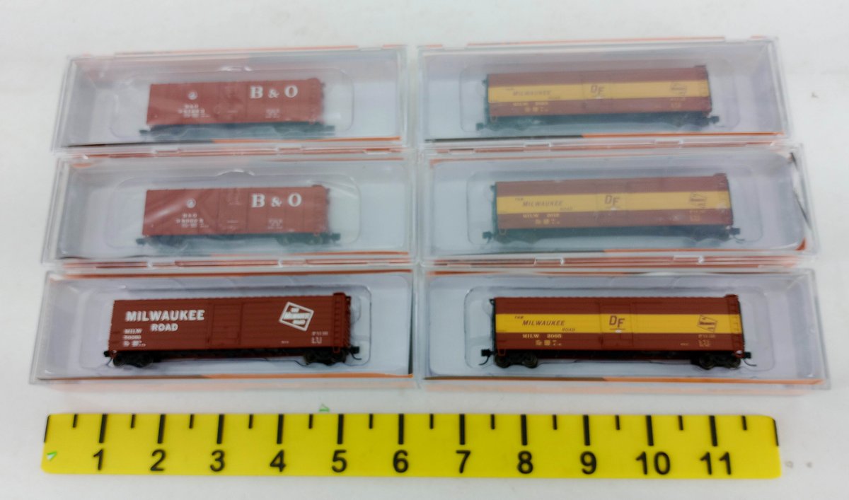 6 FOX VALLEY MODELS N SCALE MILWAUKEE ROAD & B&O 50FT RIB SIDE BOXCARS, 6 OBS  INV 263331770