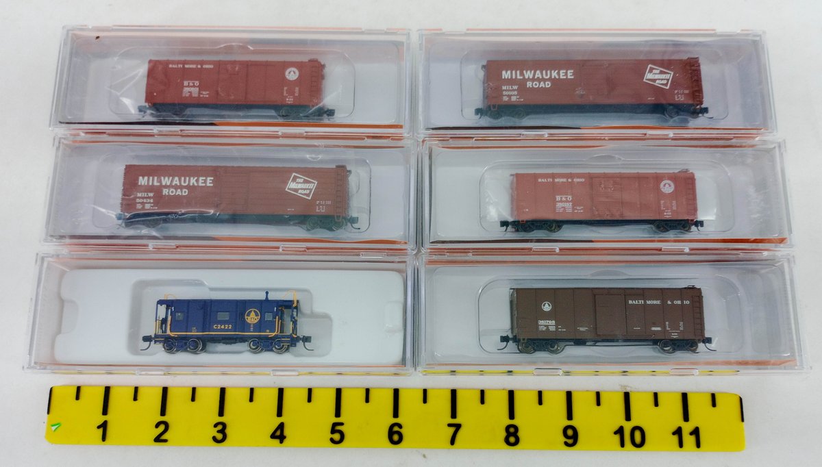 6 FOX VALLEY MODELS N SCALE B&O & MILWAUKEE ROAD BOXCARS & CABOOSE, 6 OBS  INV 263331771