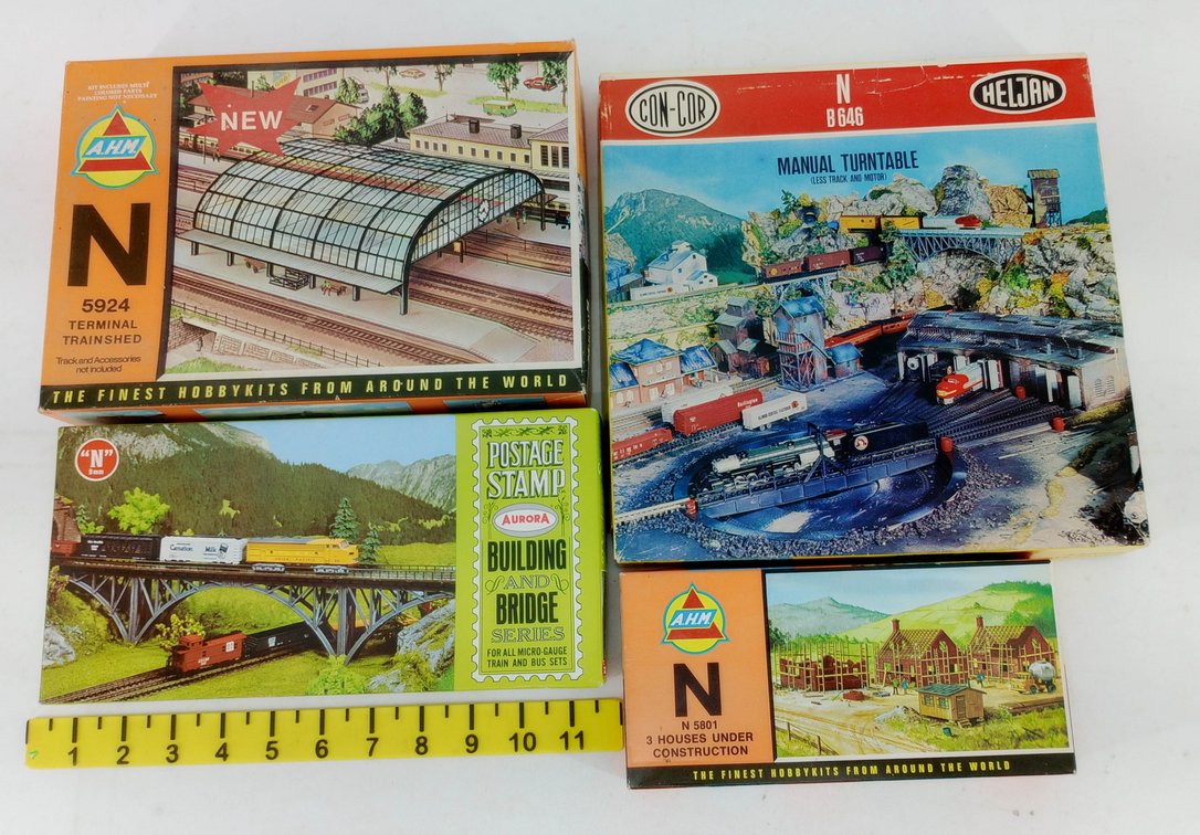 4 N SCALE AHM HELJAN POSTAGE STAMP BUILDING & BRIDGE KITS, 4 OBS NNC  INV 263331786