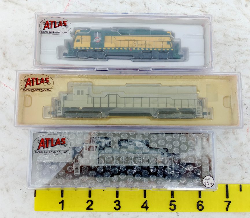 3 ATLAS N SCALE LOCOMOTIVES GP-7 C&NW 1523, SD-50 & MP-15DC UNDECORATED, 3 OBS  INV 263331797