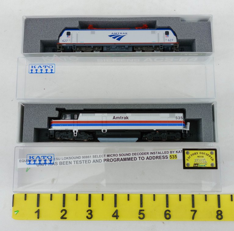 2 KATO N SCALE AMTRAK ACS-64 #627 & SDP40F #535 LOCOMOTIVES, 2 OBS  INV 263331775