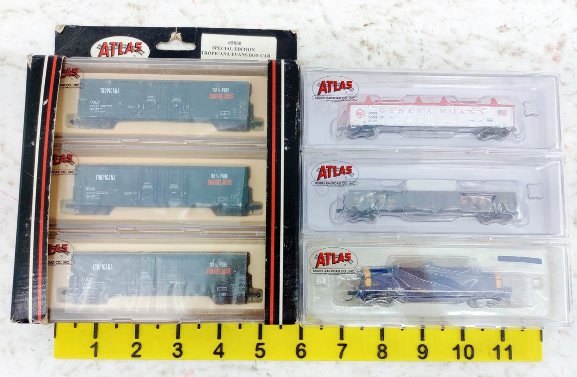 6 ATLAS N SCALE FREIGHT CARS, TROPICANA BOXCARS, CSX & USS GONDOLAS, NS COIL CAR, 4 OBS  INV 263331803