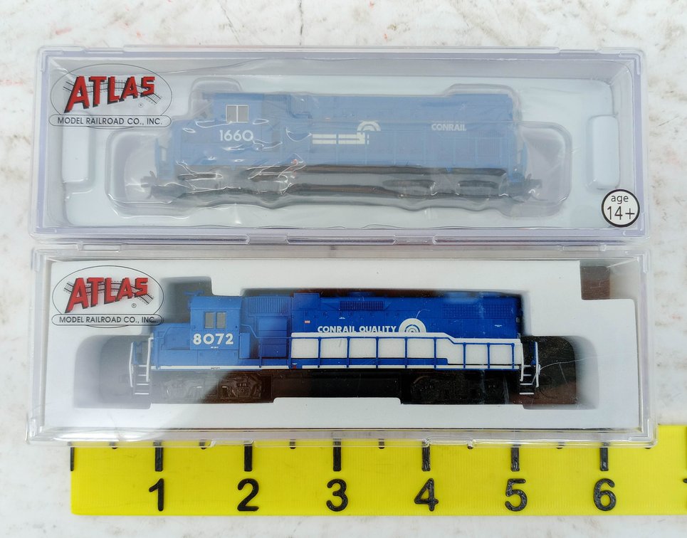 2 ATLAS N GAUGE CONRAIL GP15-1 #1660 & GP38-2 #8072 LOCOMOTIVES, 2 OBS  INV 263331807