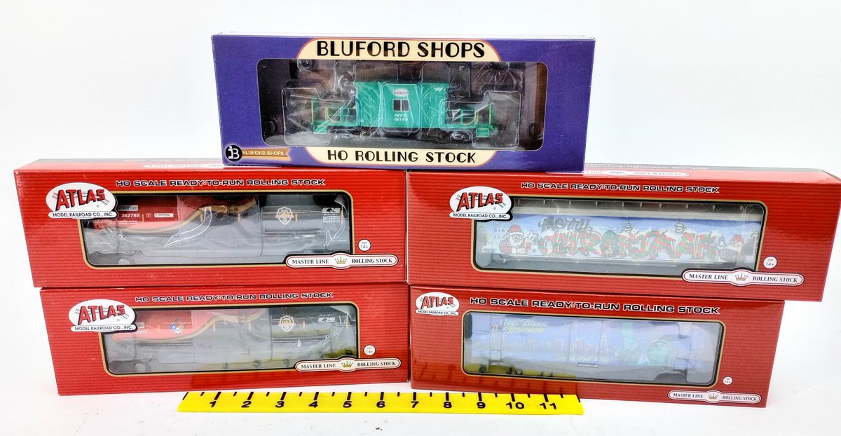 5 ATLAS & BLUFORD SHOPS HO ROLLING STOCK TANK CARS, HOPPER, BOX CAR & CABOOSE, 5 OBS  INV 263331855