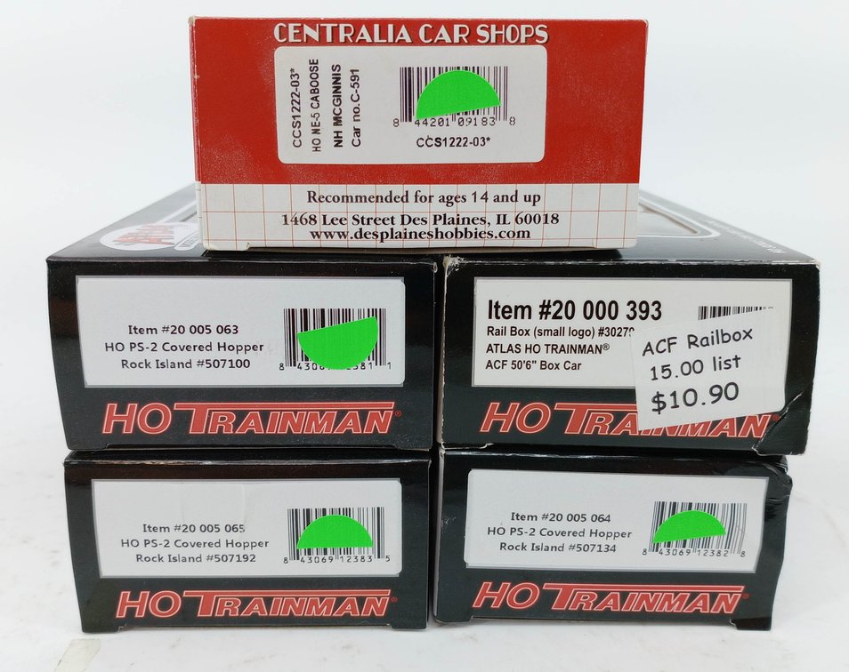 5 ATLAS TRAINMAN HO ROCK ISLAND HOPPERS, BOXCAR & NH CABOOSE, 5 OBS  INV 263331856