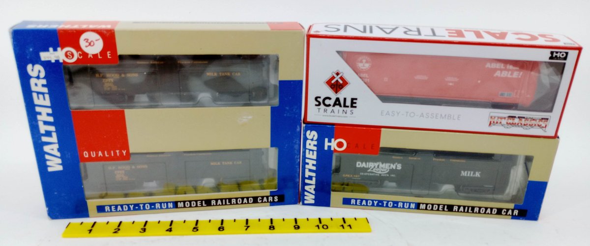 4 WALTHERS HO MILK TANK CARS & SCALE TRAINS ABEL PLUG DOOR BOXCAR, 3 OBS  INV 263331857