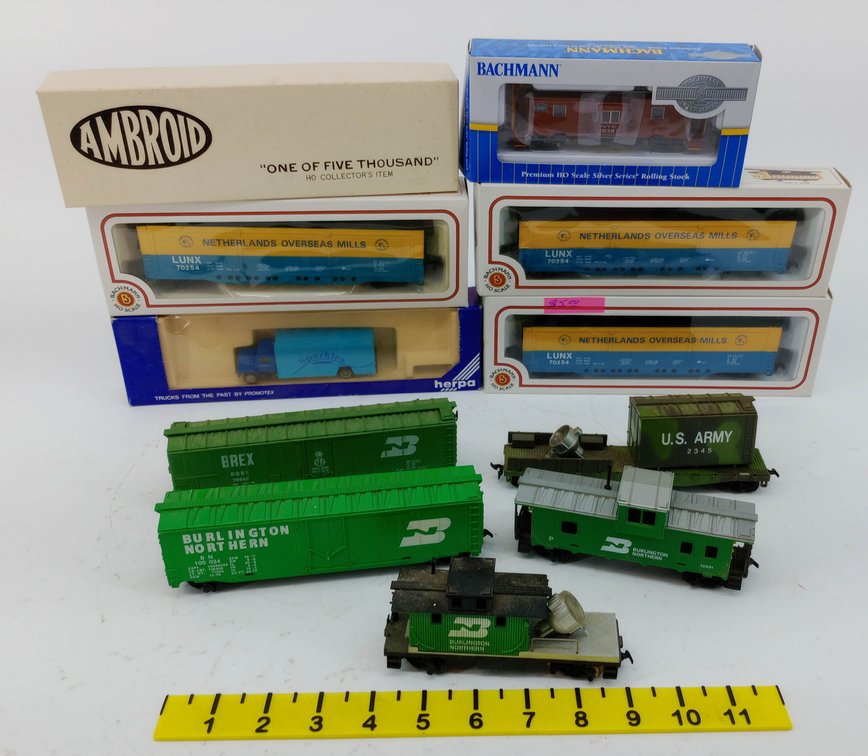 ASSORTED BACHMANN HO BURLINGTON NORTHERN & NETHERLANDS OVERSEAS MILLS CARS, AMBROID KIT, HERPA TRUCK SOME OBS NNC  INV 263331860