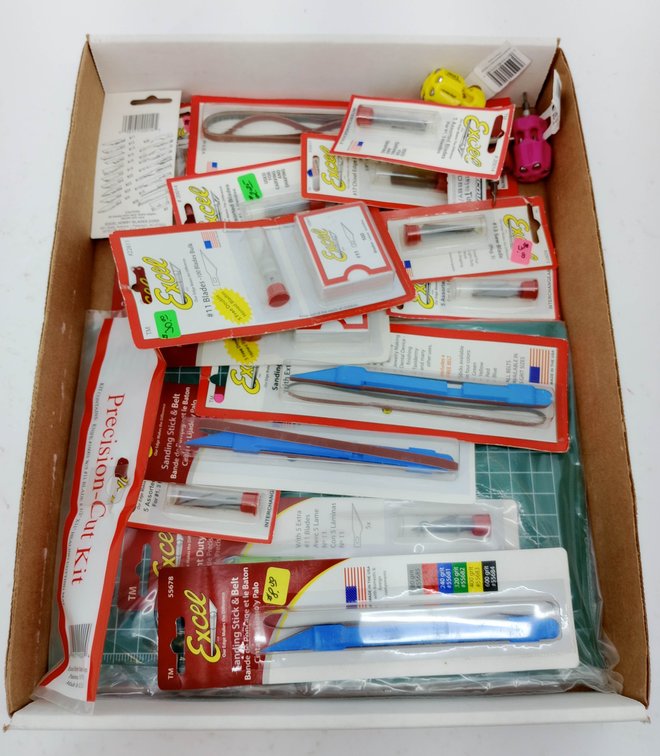 ASSORTED EXCEL HOBBY KNIFE BLADES, SANDING STICKS & BELTS, PRECISION-CUT KIT & CUTTING MAT  INV 263331875