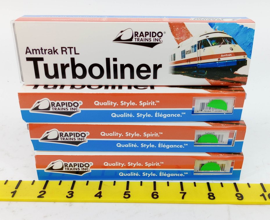 4 RAPIDO N GAUGE 525104-525107 AMTRAK TURBOLINER COACHES & SNACK BAR, 4 OBS  INV 263331892