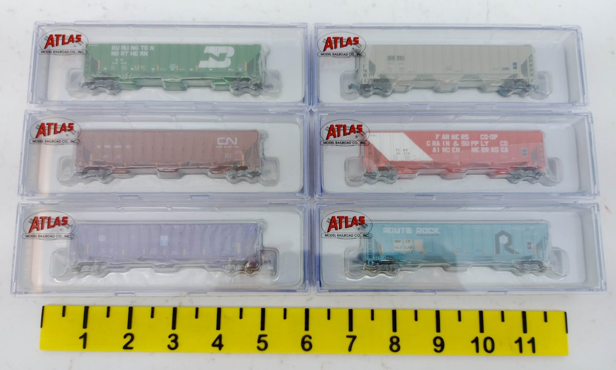 6 ATLAS N SCALE THRALL 4750 COVERED HOPPERS BNSF, CN, ROUTE ROCK & MORE, 6 OBS  INV 263331889