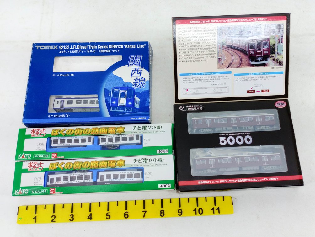 4 N GAUGE JAPANESE TRAINS: TOMIX 92132 KIHA120, 2 KATO 14-503-3 TRAMS, HANKYU 5000, 4 OBS INV 263331937