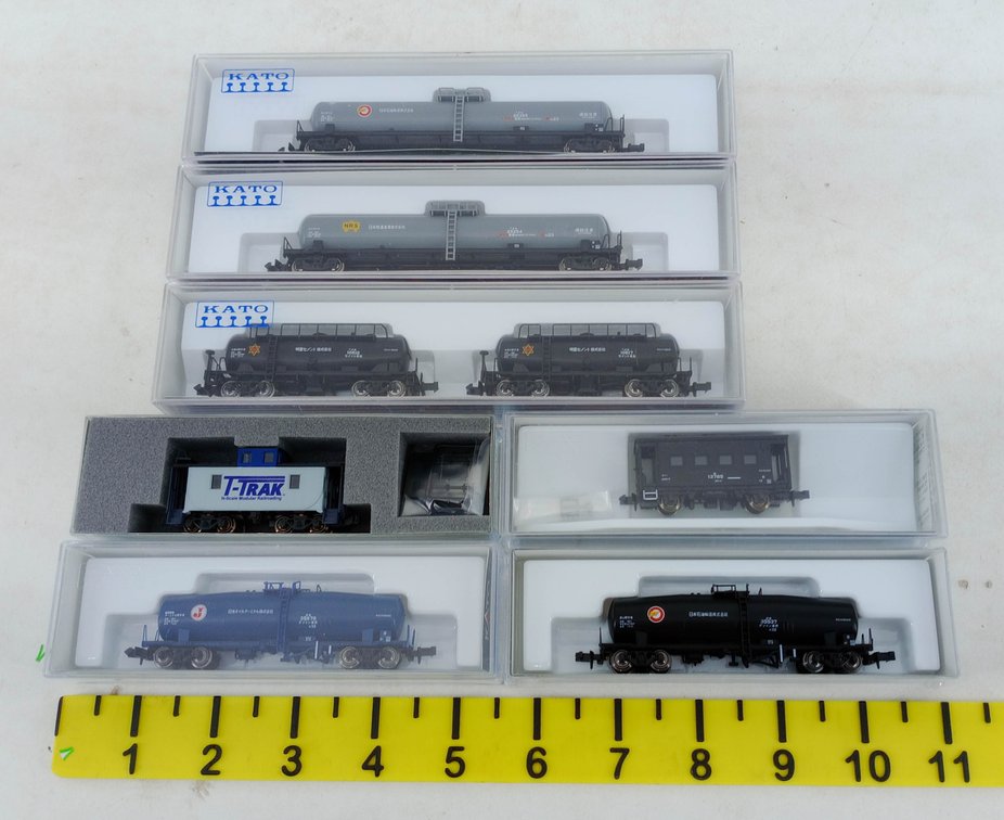 KATO N GAUGE ASSORTED JAPANESE TANK CARS & T-TRAK CABOOSE, 7 OBS INV 263331941