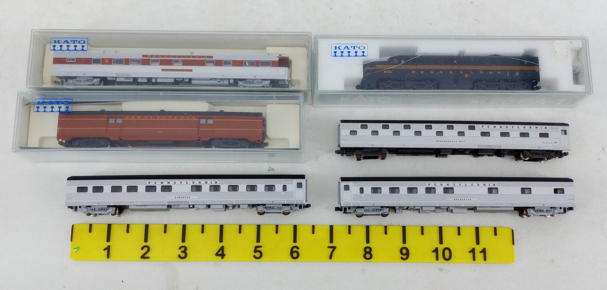 6 KATO N GAUGE PRR PENNSYLVANIA PA-1 LOCO & PASSENGER CARS, 3 OBS INV 263331943