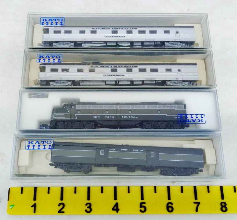 4 KATO N SCALE NYC E8/9-A LOCOMOTIVE, BAGGAGE CAR & 2 RAQUETTE LAKE BUSINESS CARS, 4 OBS INV 263331950