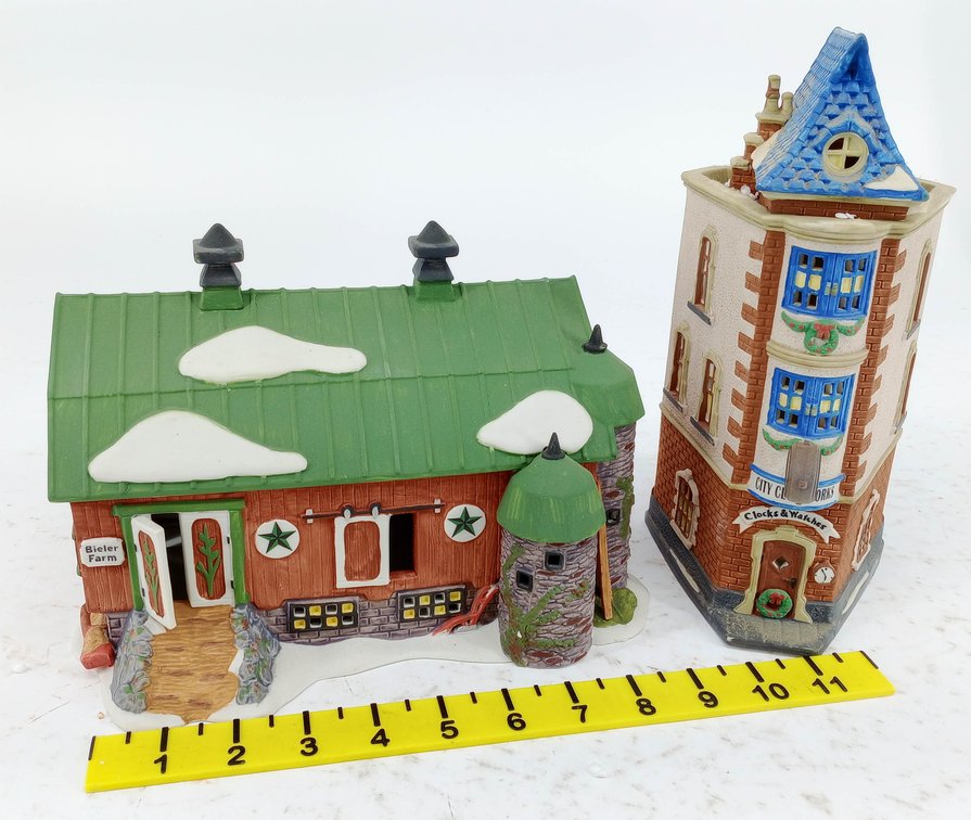 2 CERAMIC LIGHTED VILLAGE BUILDINGS BIELER FARM BARN & CITY CLOCKWORKS 2 OB  INV 263390121