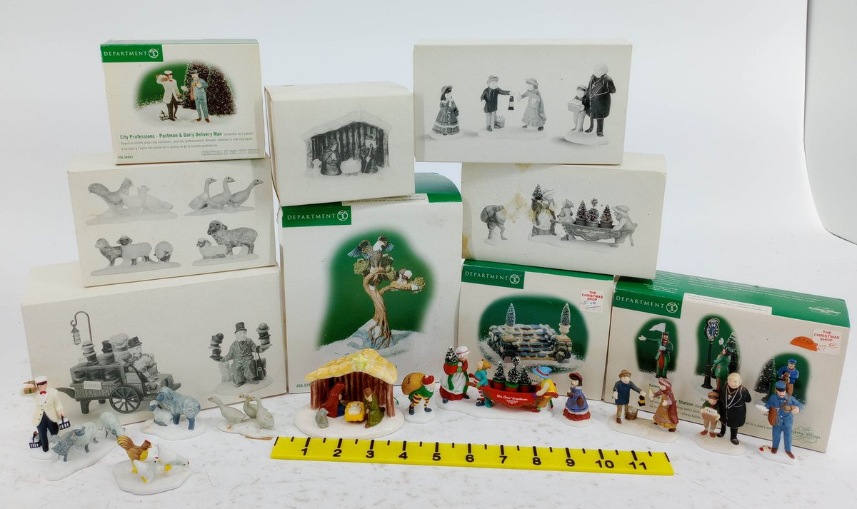 ASSORTED DEPARTMENT 56 CHRISTMAS VILLAGE FIGURINES NATIVITY ANIMALS POSTMAN & HAT VENDOR SOME OBS  INV 263390122