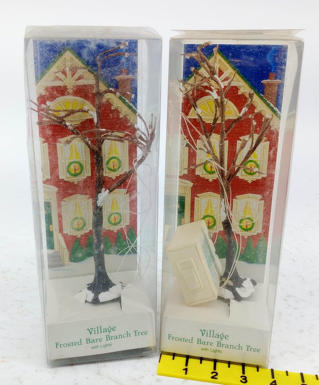 2 VILLAGE FROSTED BARE BRANCH TREES WITH LIGHTS CHRISTMAS VILLAGE ACCESSORIES 2 OB  INV 263390124