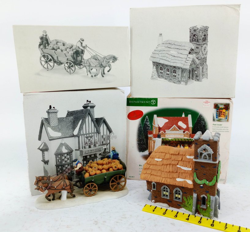 2 CERAMIC LIGHTED CHRISTMAS VILLAGE BUILDINGS & 2 PUMPKIN WAGON FIGURINES DEPARTMENT 56 4 OB  INV 263390125