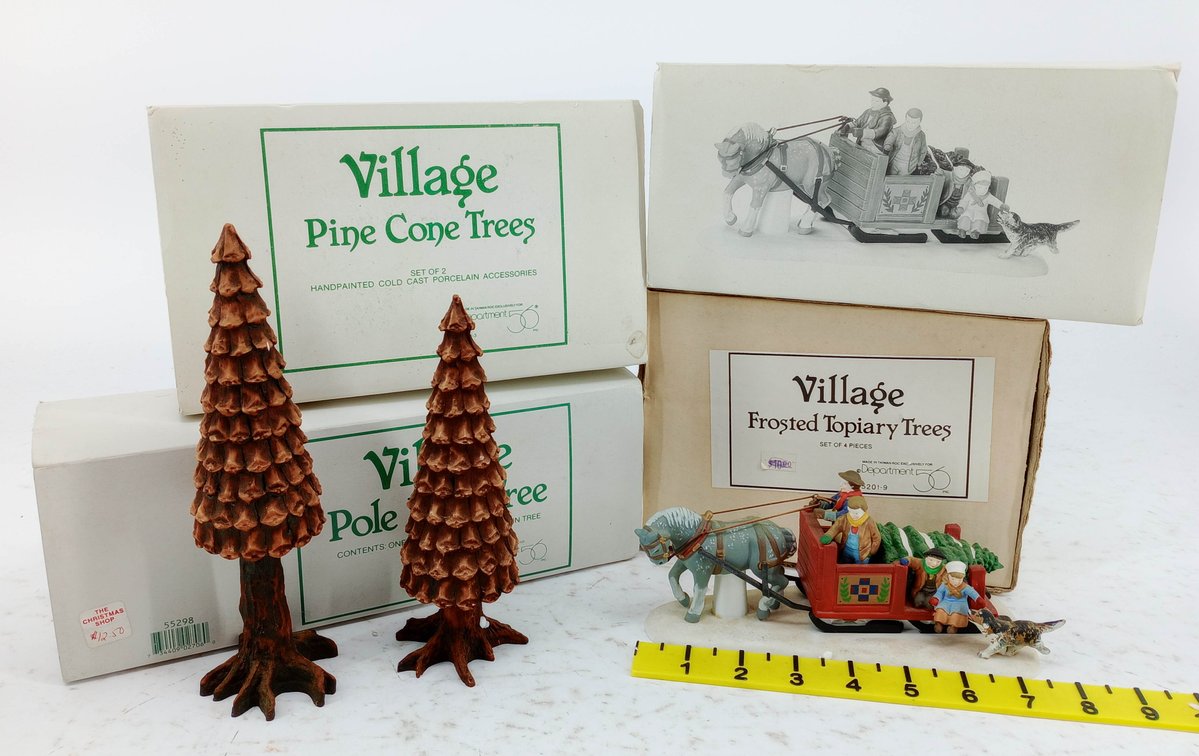 4 DEPARTMENT 56 VILLAGE ACCESSORIES PINE CONE TREES POLE PINE TREE & HORSE DRAWN SLEIGH FIGURINE 4 OB  INV 263390126
