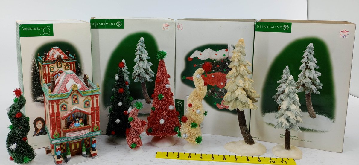 DEPARTMENT 56 MARIE'S DOLL MUSEUM LIGHTED HOUSE & 7 SISAL & FLOCKED PINE TREES 4 OB  INV 263390128