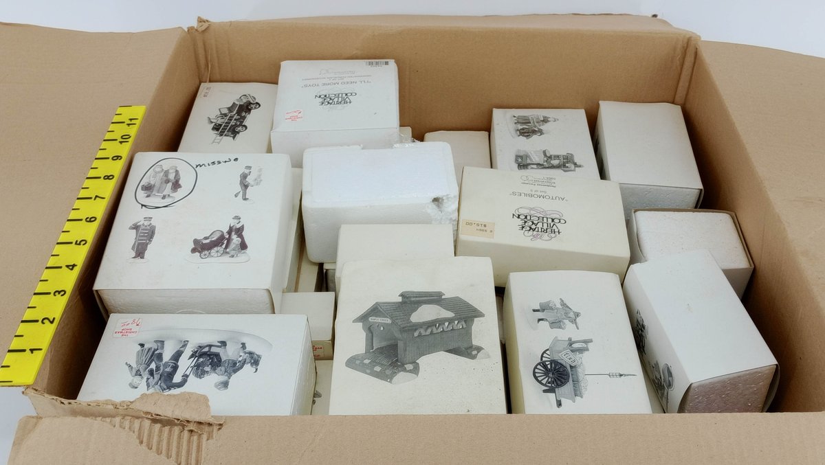 ASSORTED HERITAGE VILLAGE COLLECTION CERAMIC FIGURES AUTOMOBILES & COVERED BRIDGE SOME OBS  INV 263390129