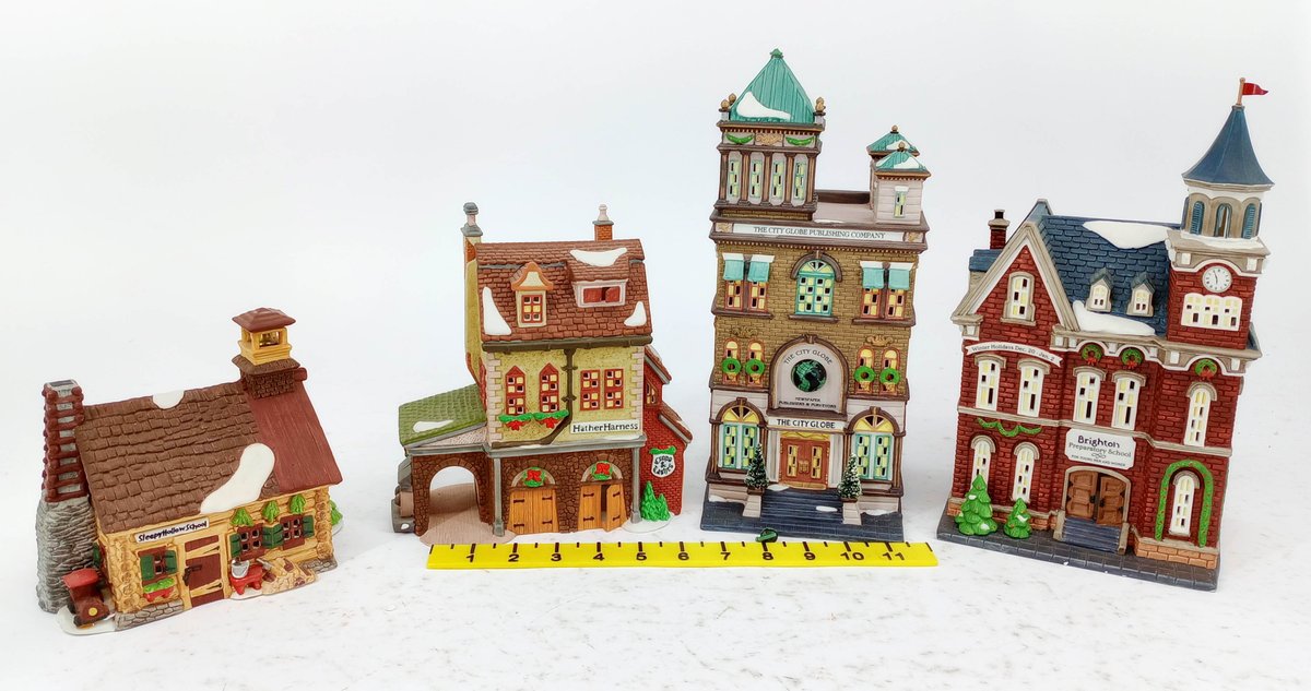 4 LIGHTED CERAMIC CHRISTMAS VILLAGE BUILDINGS CITY GLOBE BRIGHTON PREP SCHOOL HATHER HARNESS SLEEPY HOLLOW 4 OB  INV 263390131
