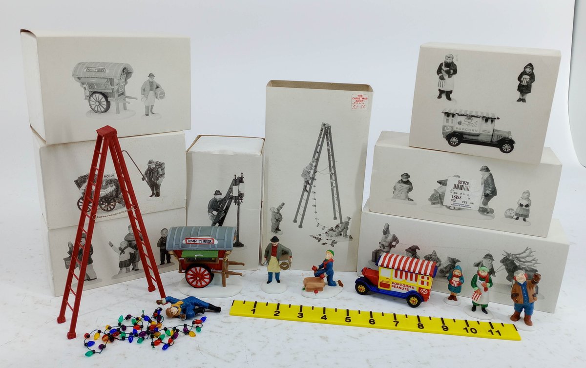 ASSORTED CHRISTMAS VILLAGE FIGURINES TOWN TINKER WAGON POPCORN & PEANUTS TRUCK LADDER & LIGHTS SOME OBS  INV 263390117