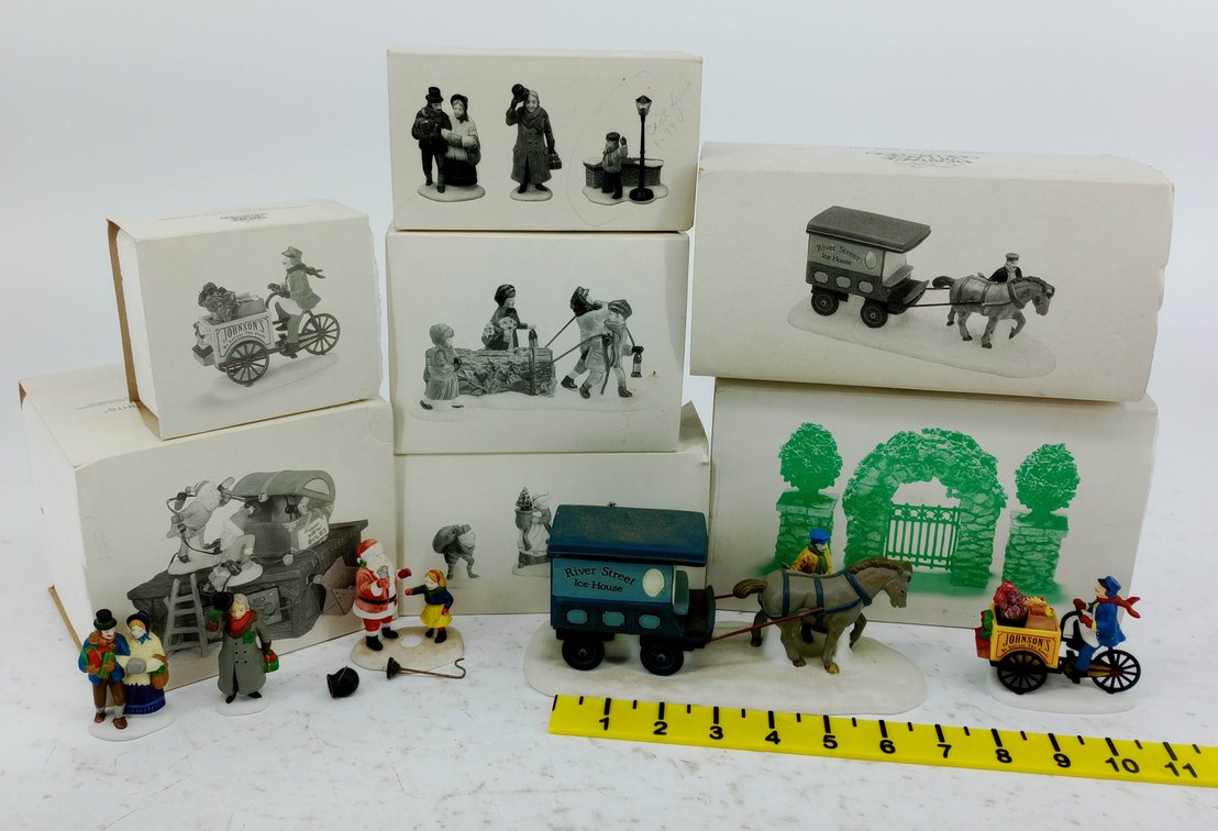 ASSORTED CHRISTMAS VILLAGE PORCELAIN FIGURINES RIVER STREET ICE HOUSE WAGON JOHNSON'S BIKE CART SANTA & GATE SOME OBS  INV 263390118