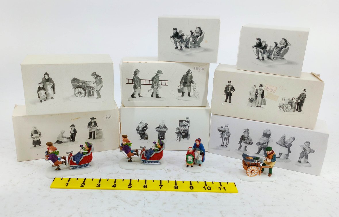 4 PORCELAIN VICTORIAN VILLAGE FIGURINES SLEIGH SKATERS KNIFE GRINDER & CAROLERS WITH 8 OB  INV 263390119