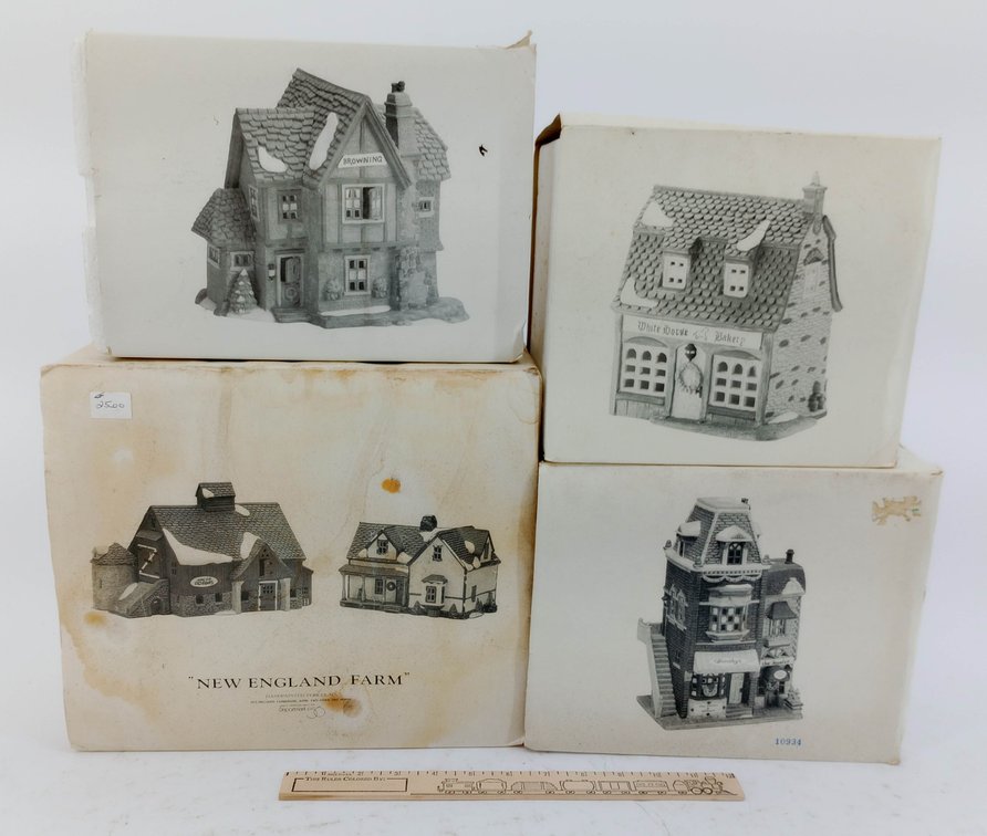 4 DEPARTMENT 56 HERITAGE VILLAGE PORCELAIN BUILDINGS BROWNING COTTAGE WHITE HORSE BAKERY NEW ENGLAND FARM & DOROTHY'S 4 OB INV 263390138