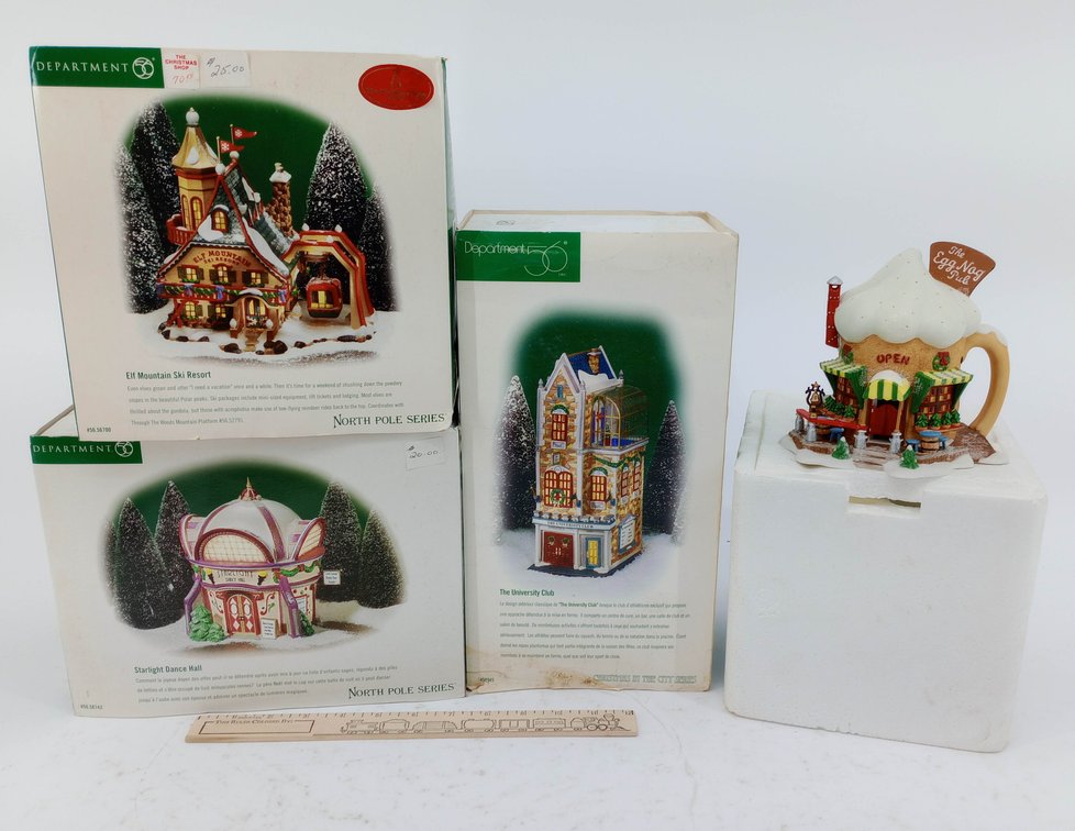 4 DEPARTMENT 56 LIGHTED VILLAGE BUILDINGS ELF MOUNTAIN SKI RESORT EGG NOG PUB UNIVERSITY CLUB STARLIGHT DANCE HALL 3 OB INV 263390134