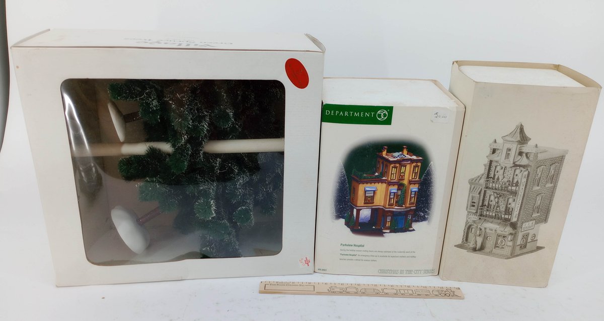 3 DEPARTMENT 56 CHRISTMAS IN THE CITY PARKVIEW HOSPITAL, WONGS BUILDING & VILLAGE GREEN TREE 3 OB INV 263390135