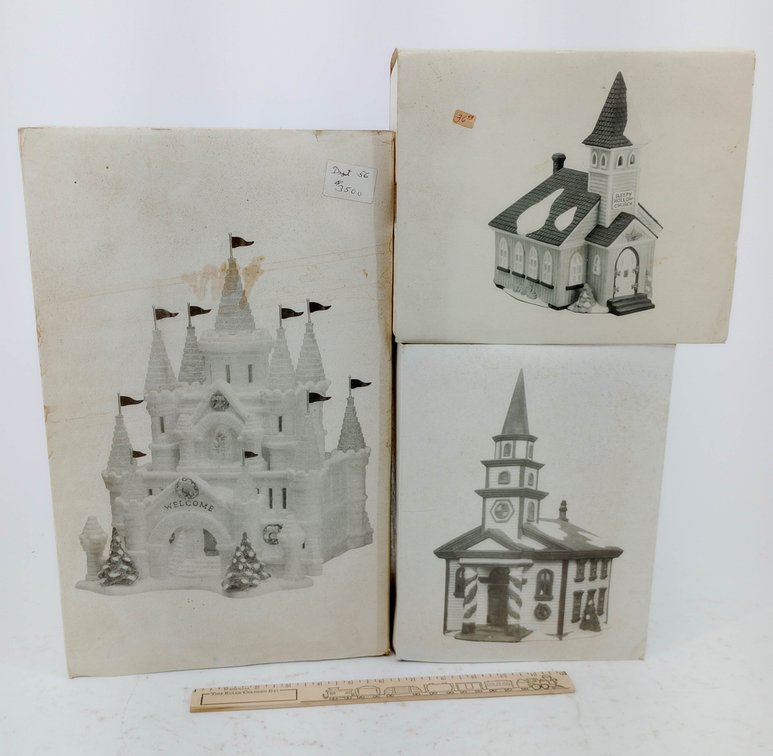 3 DEPARTMENT 56 PORCELAIN LIGHTED CHURCHES & SNOW CARNIVAL ICE PALACE ARLINGTON FALLS SLEEPY HOLLOW 3 OB INV 263390136