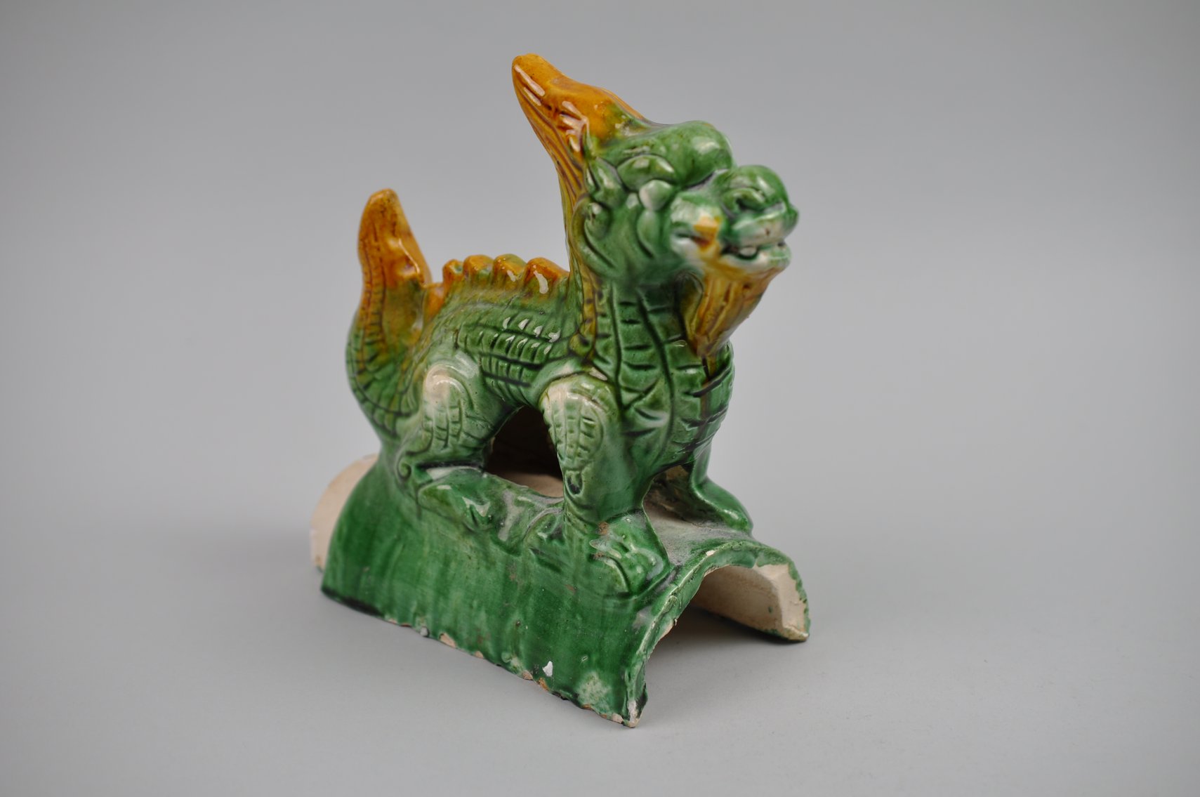Chinese Sancai Glazed Dragon Foo/Qilin Dog 20th Century Roof Tile