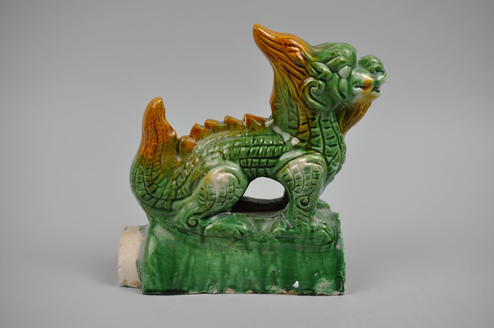 Chinese Sancai Glazed Dragon Foo/Qilin Dog 20th Century Roof Tile