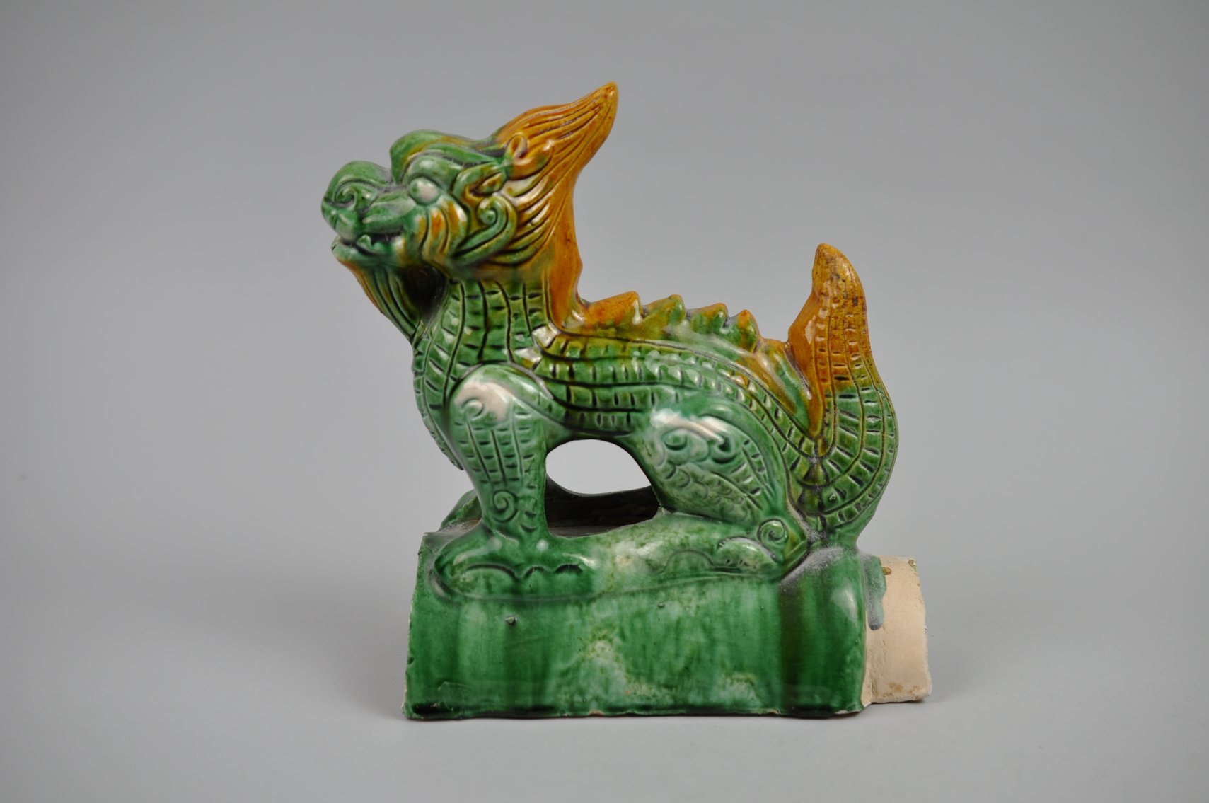 Chinese Sancai Glazed Dragon Foo/Qilin Dog 20th Century Roof Tile