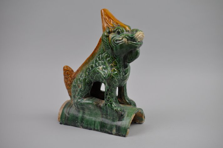 Chinese Sancai Glazed Dragon Foo/Qilin Dog 20th Century Roof Tile