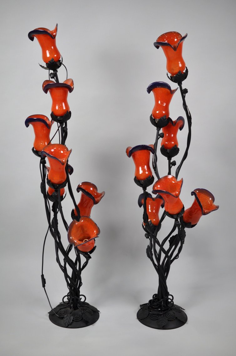 Wrought Iron Floor Lamp Set w/Glass Shades